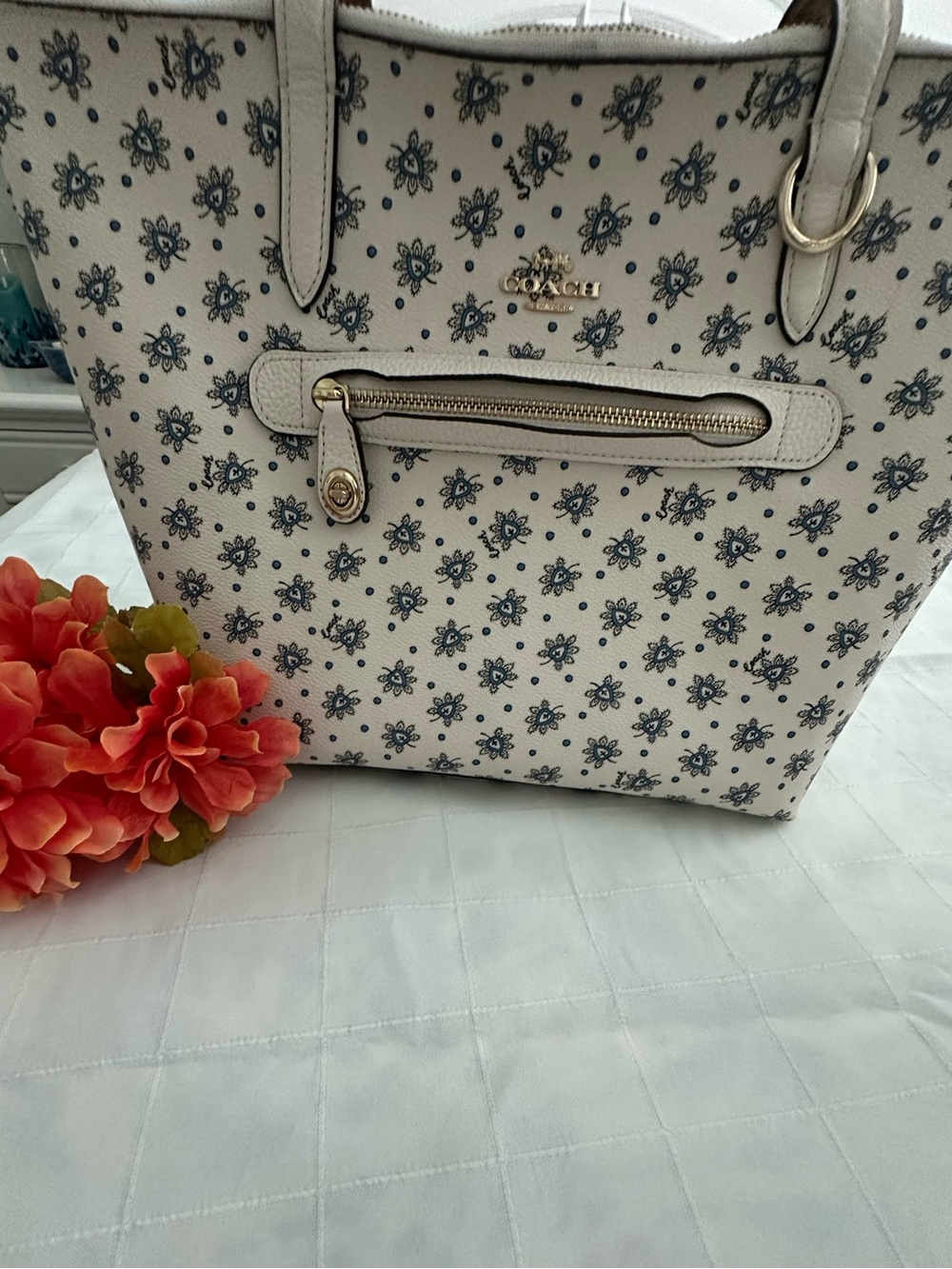 Coach Cream Tote with Blue Floral Print and Gold Hardware